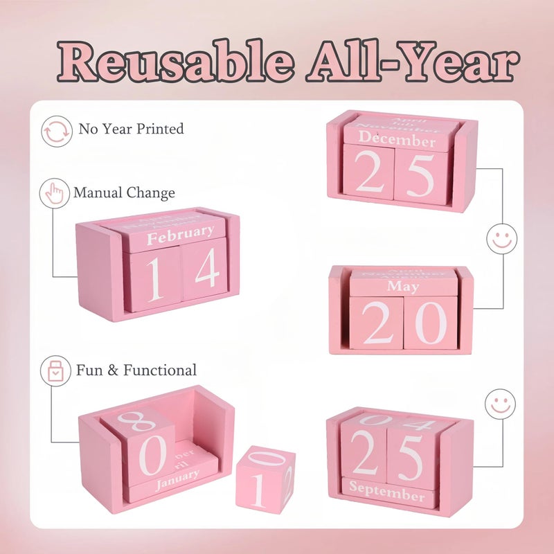 MICKYU Perpetual Wooden Desk Calendar - Pink Farmhouse Decor Block Calendar for Office, Home & Gifts - Reusable Daily Date Display - Image 5